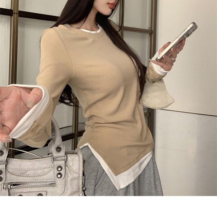 Long-Sleeve Round Neck Mock Two-Piece Two Tone Asymmetrical Slim Fit T-Shirt Product Image