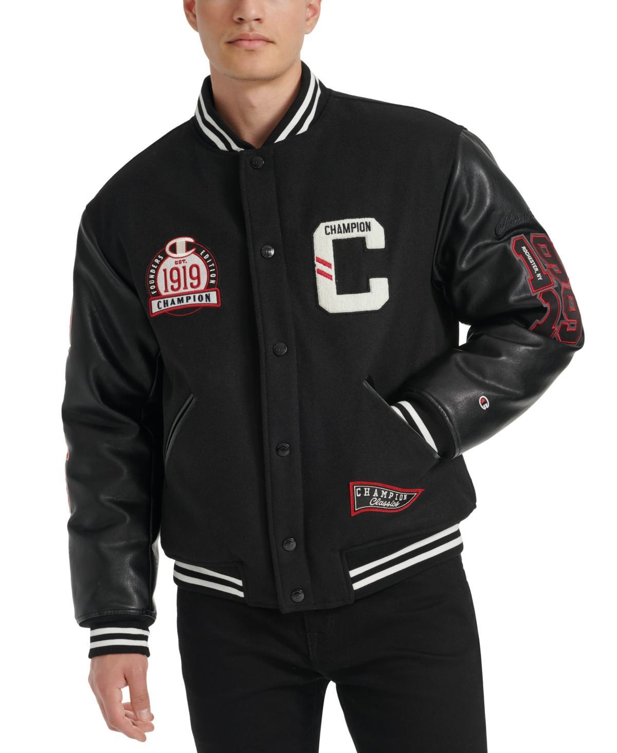 Champion Mens Logo-Patch Mixed-Media Varsity Jacket Product Image