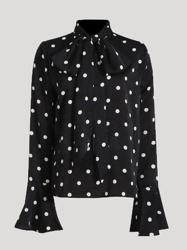 Flared Sleeves Long Sleeves Polka-Dot Split-Joint Tied Mock Neck Blouses&Shirts Tops Product Image