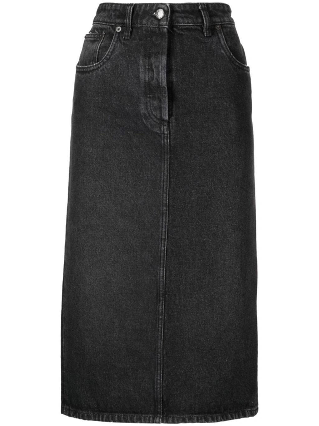 Denim Washed Straight Midi Skirt In Black product image