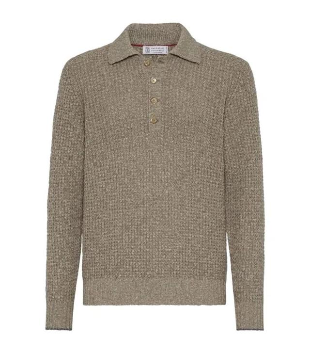 BRUNELLO CUCINELLI Virgin Wool-cashmere Flecked Polo Sweater In Brown Product Image