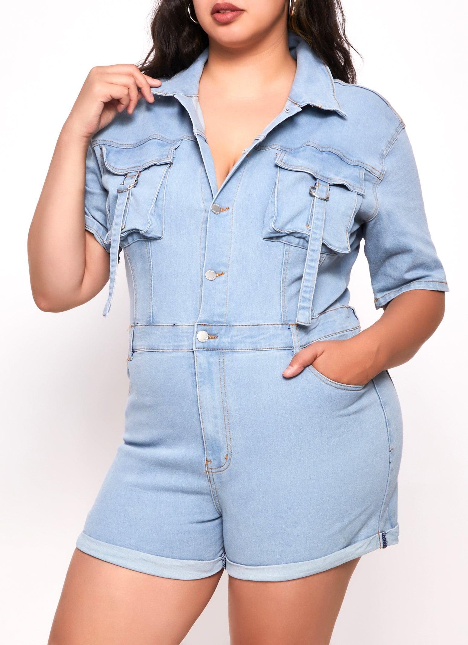 Womens Plus Size Daisy Denim Utility Romper Product Image