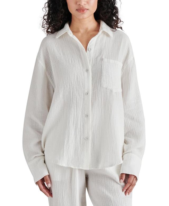 Steve Madden Womens Juna Textured Button-Down Dropped-Shoulder Cotton Top Product Image