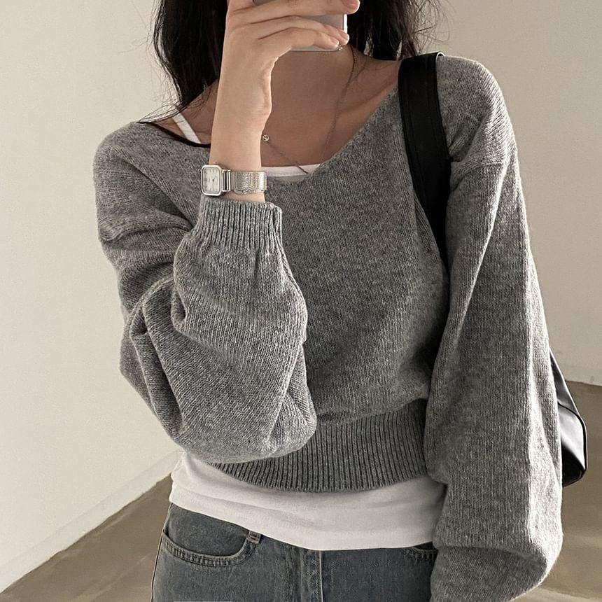 Long Sleeve V-Neck Plain Loose-Fit Knit Top Product Image