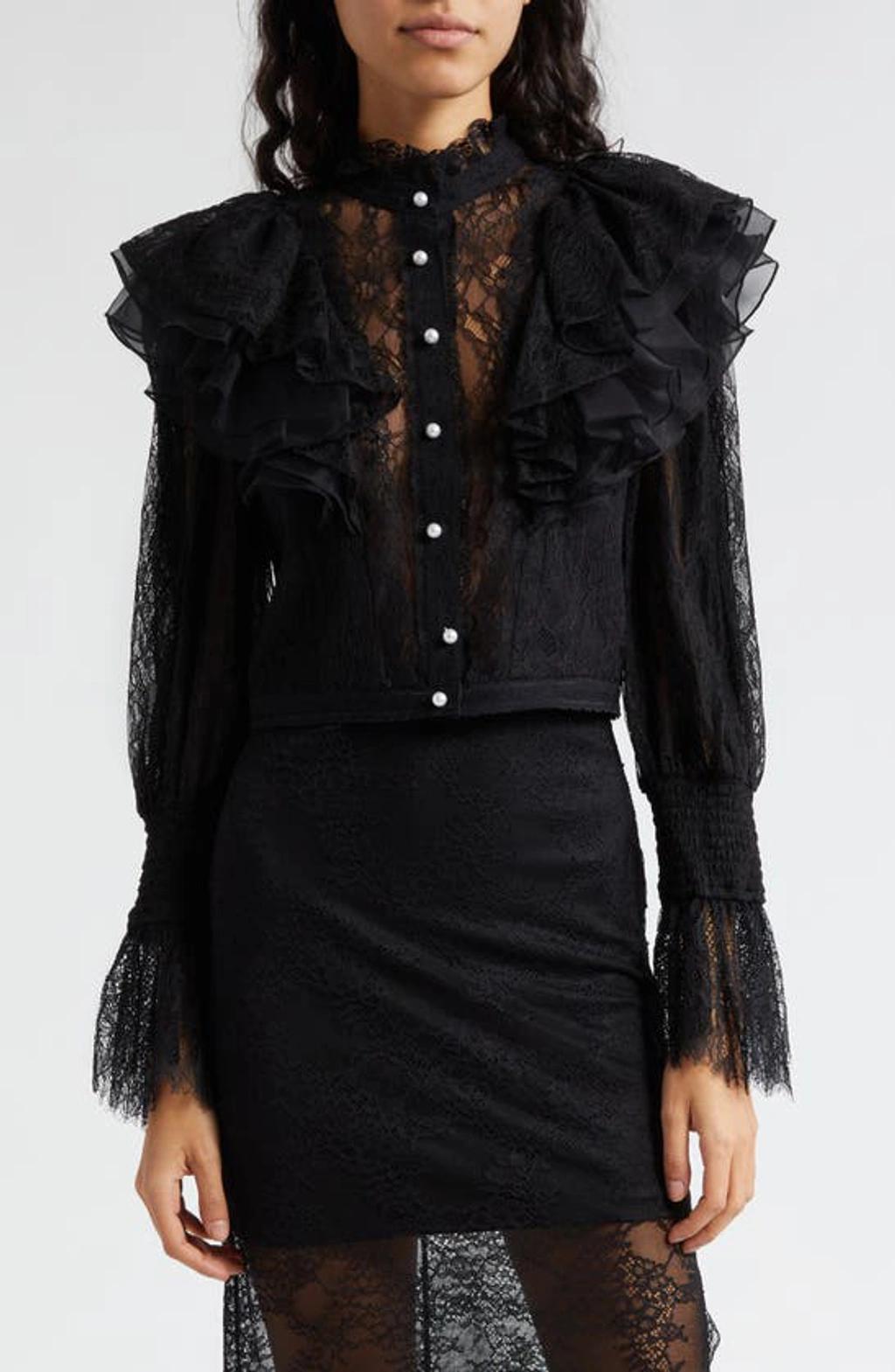 Delpha Ruffle Lace Blouson Sleeve Crop Top In Black product image