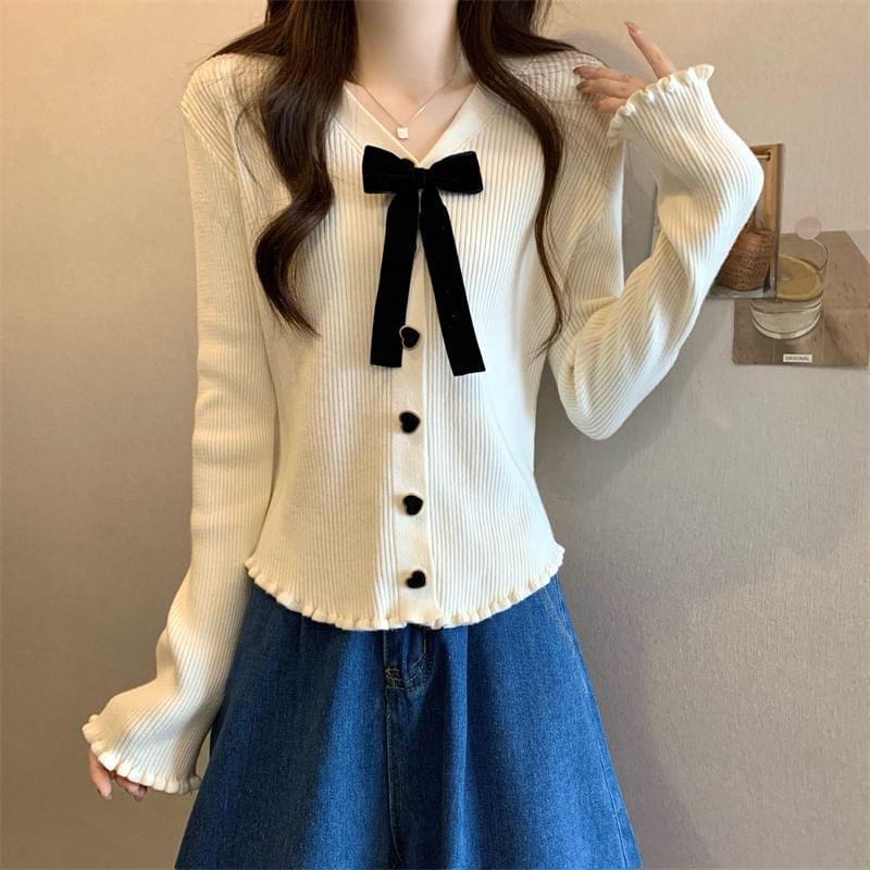 Long-Sleeve V-Neck Bow Heart Button Ribbed Knit Top Product Image