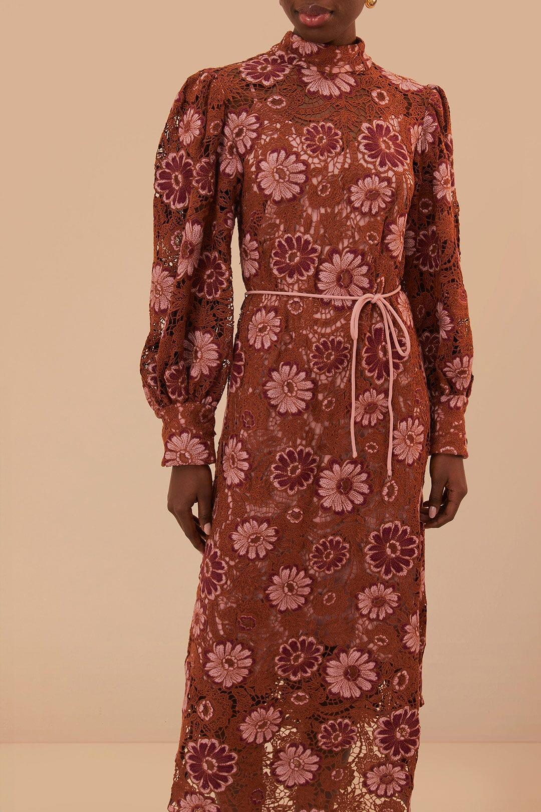 Brown Gigi Tapestry Guipure Midi Dress Product Image