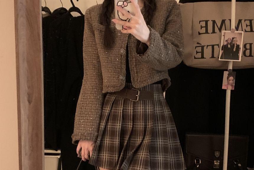 High Rise Plaid Pleated Mini A-Line Skirt Product Image