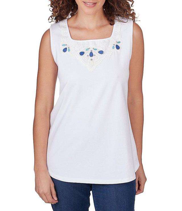 Ruby Rd. Petite Size Knit Embroidered Square Neck Sleeveless Embellished Tank Product Image