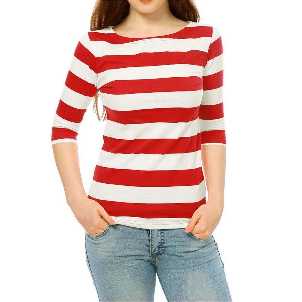 INSPIRE CHIC Women's Stripes Casual Basic Elbow Sleeves Boat Neck Slim Fit T-Shirts Red Medium Product Image