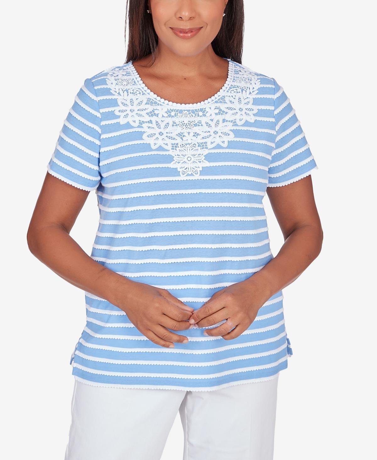 Petite Alfred Dunner Lace Neck Striped Split Hem Tee, Womens Dark Blue Product Image