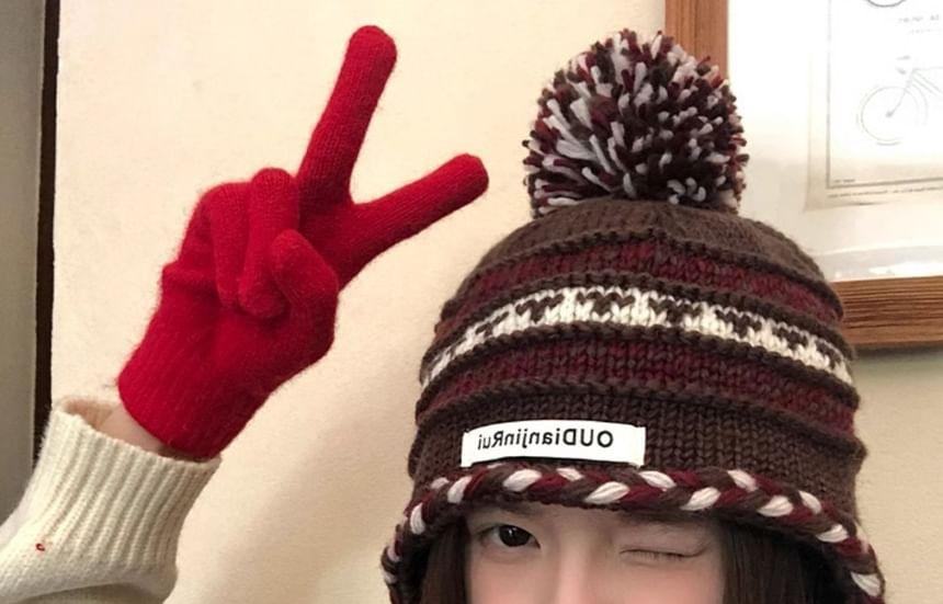 Lettering Applique Pom Pom Knit Beanie Product Image