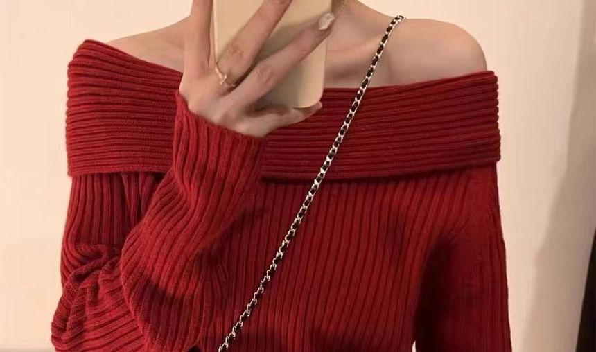 Off Shoulder Plain Ribbed Knit Oversized Sweater Product Image