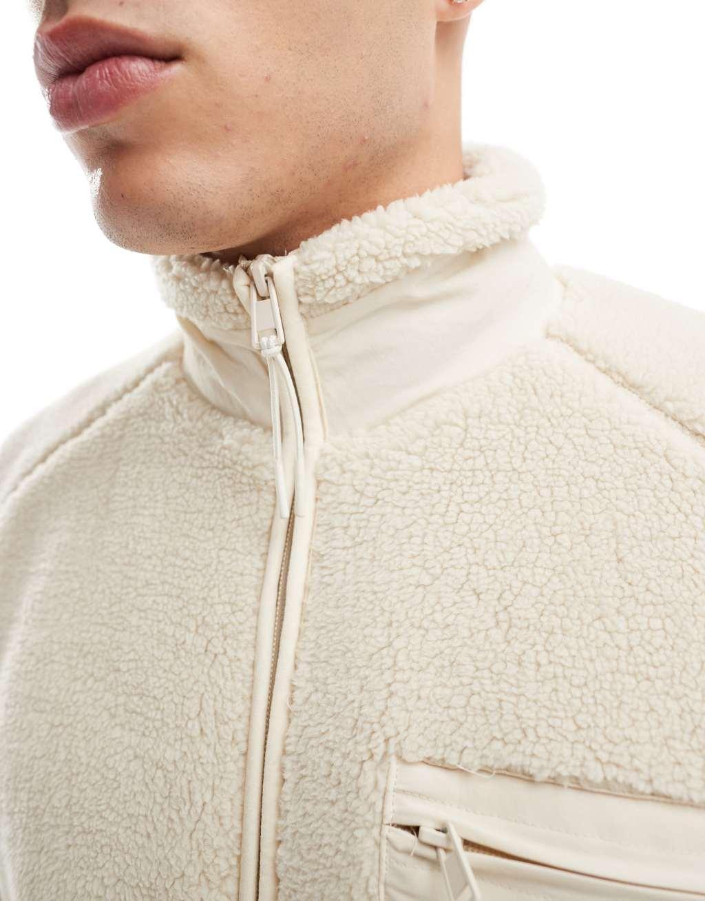 ONLY & SONS zip up sherpa fleece with chest pocket in beige Product Image