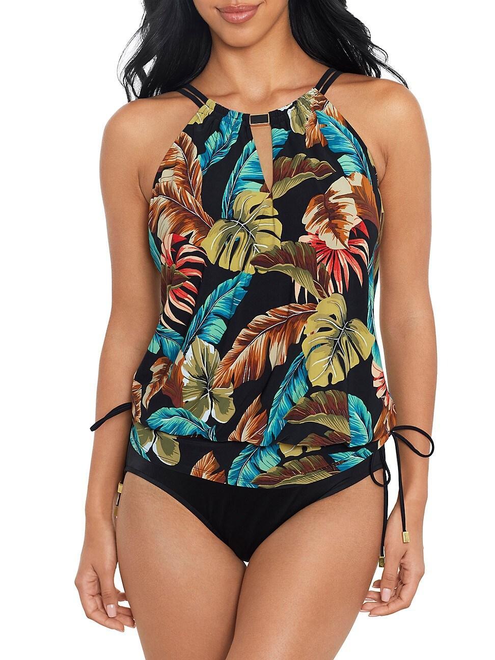 Magicsuit Aloe Susan Tropical Print Underwire Keyhole Highneck Blouson Side Tie One Piece Convertible Swim Dress Product Image