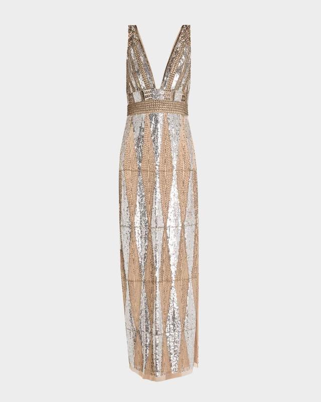 Beaded Deep V-Neck Column Gown Product Image