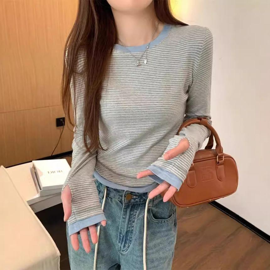 Long-Sleeve Crew Neck Mock Two-Piece Striped Contrast Trim Crop Tee Product Image