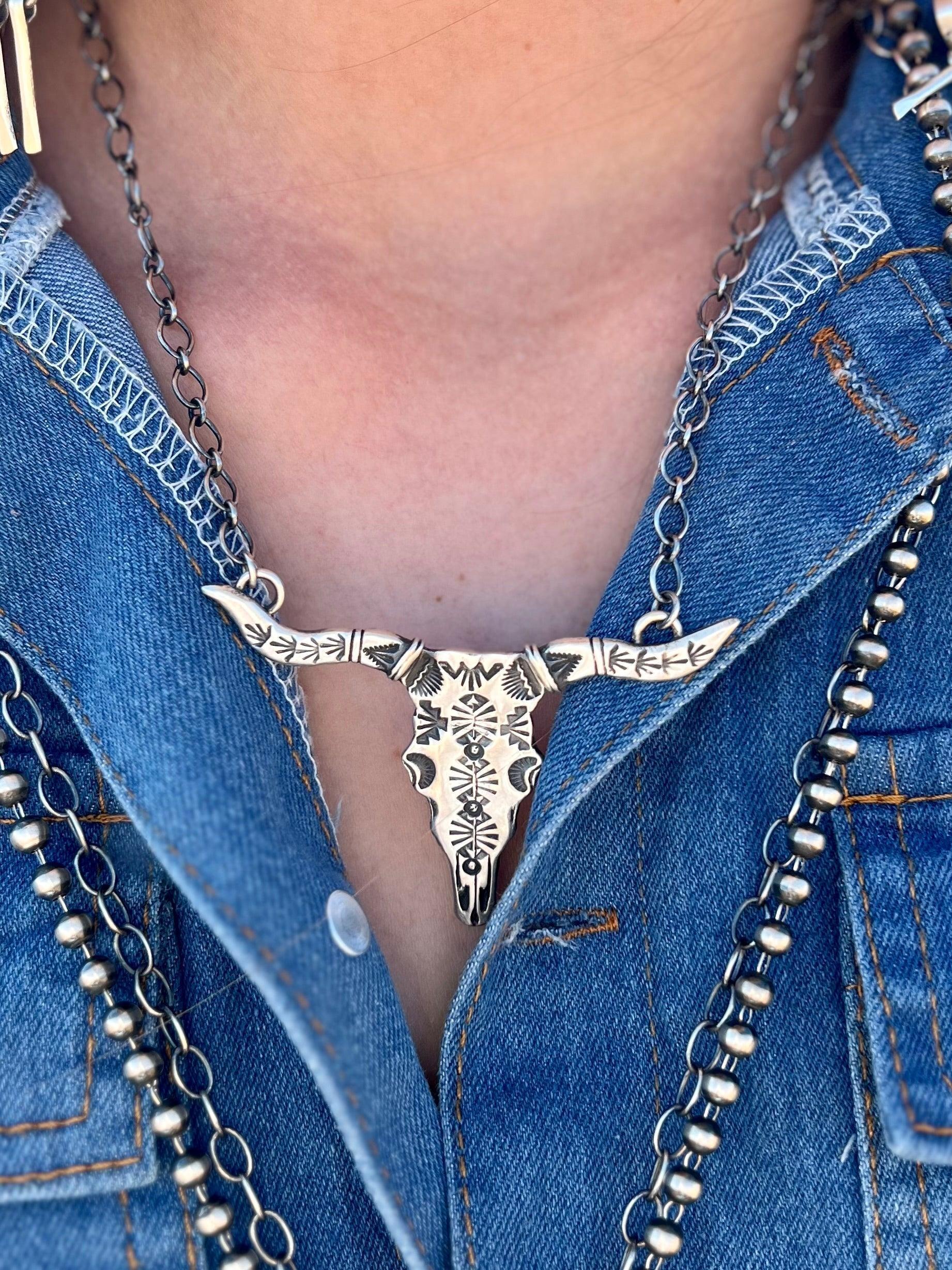 Texas Walker Longhorn Navajo Handcrafted Sterling Necklace Product Image