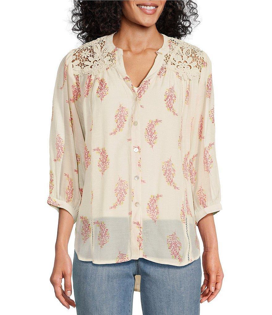 Figueroa & Flower Tayler Floral Print Woven Lace Embroidered Yoke 3/4 Blouson Sleeve Button-Front Blouse Product Image