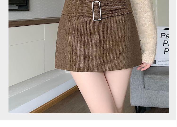 High Rise Herringbone Belted Mini A-Line Skirt Product Image