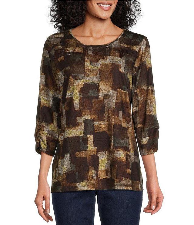 Allison Daley Petite Size Watercolor Check Print Embellished 3/4 Ruched Sleeve Crew Neck Abstract Tee Shirt Product Image