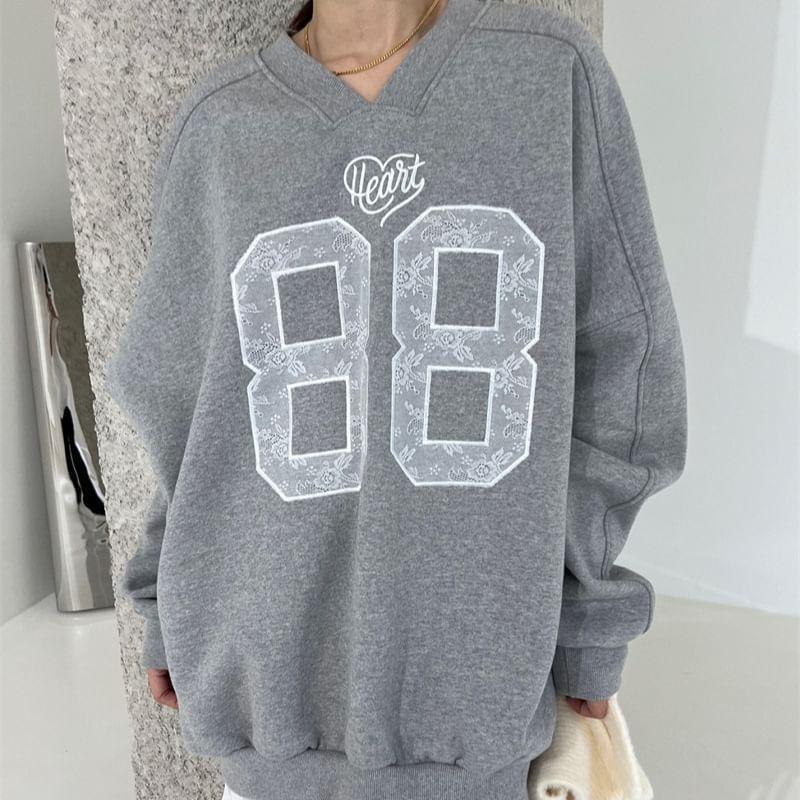 Long Sleeve V-Neck Lace Numbering Applique Loose-Fit Pullover Product Image