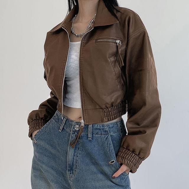 Collared Plain Faux Leather Zip Jacket Product Image