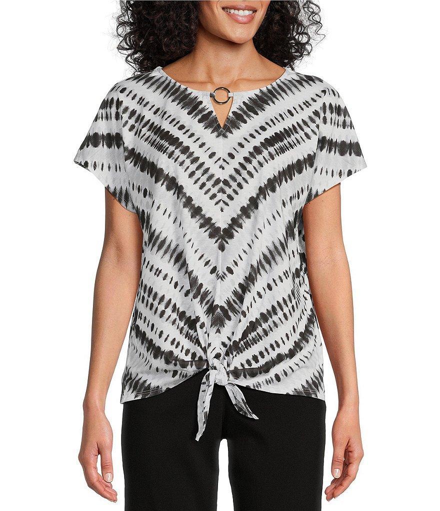 Allison Daley Tie Dye Stripe Print Cap Sleeve Keyhole Neck Tie Front Knit Top Product Image