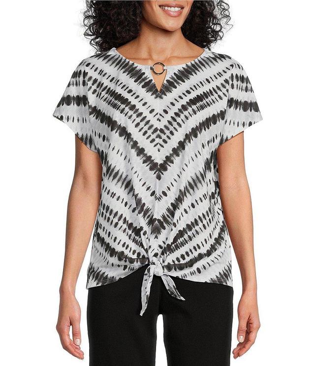 Allison Daley Tie Dye Stripe Print Cap Sleeve Keyhole Neck Tie Front Knit Top Product Image