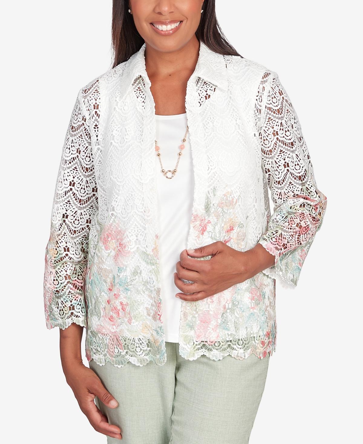 Alfred Dunner Womens English Garden Floral Border Lace Two in One Top with Necklace Product Image