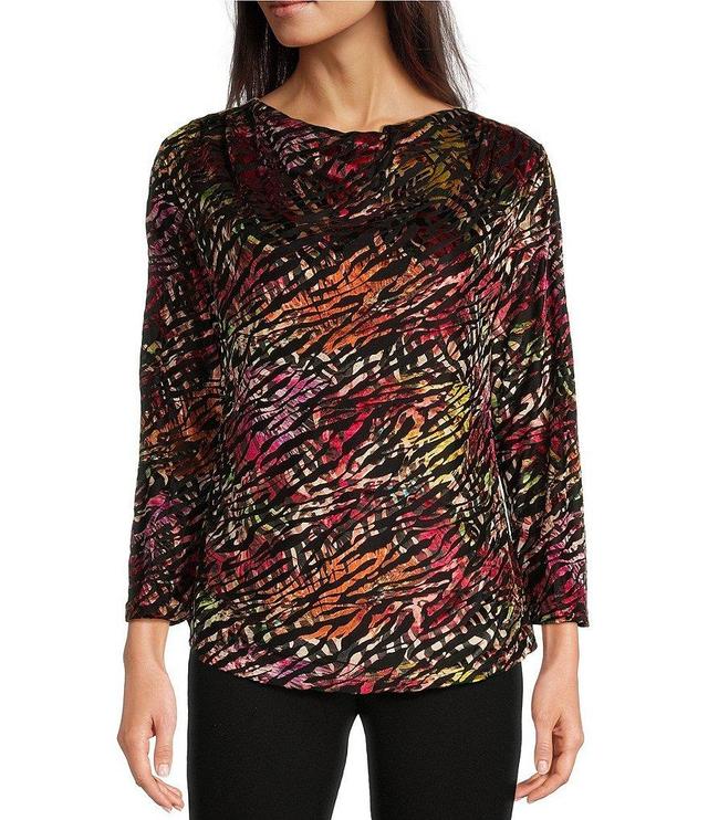 Calessa Velvet Knit Abstract Animal Print Drape Neck Long Sleeve Tunic Product Image