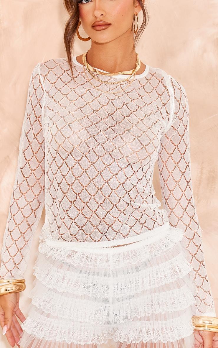 White Sheer Glitter Knit Long Sleeve Top Product Image