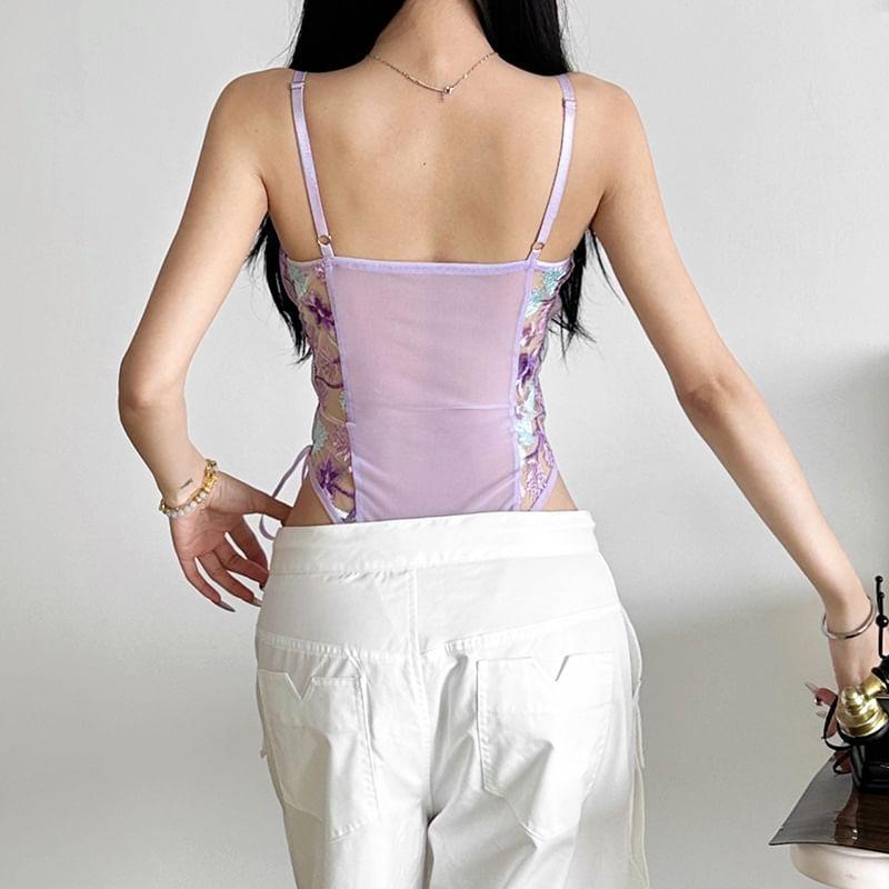 Spaghetti Strap Embroidered Bodysuit Top Product Image