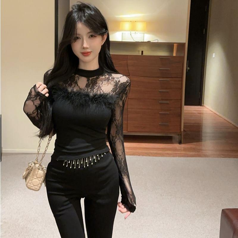 Long-Sleeve Mock Neck Lace Furry Trim Crop Top / Pants Product Image