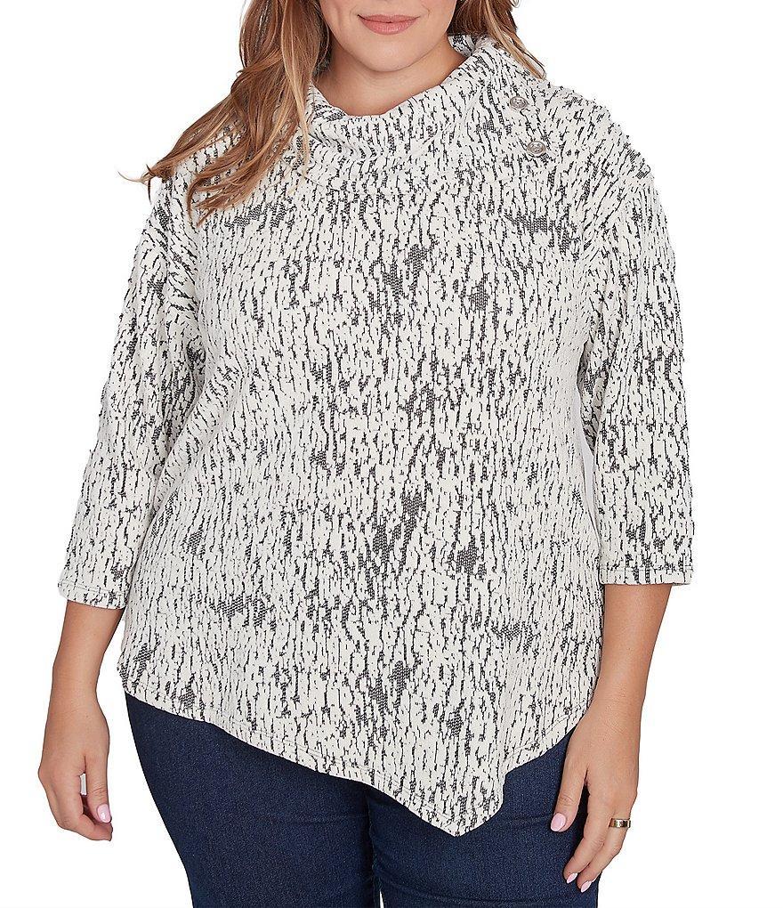 Ruby Rd. Plus Size Knit Faux Fois Bois Print Split Cowl Neck 3/4 Sleeve Asymmetric Hem Sweater Product Image