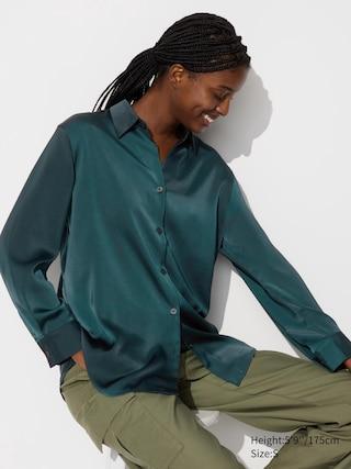 Womens Satin Blouse Long-Sleeve Dark Green 2XL UNIQLO US Product Image