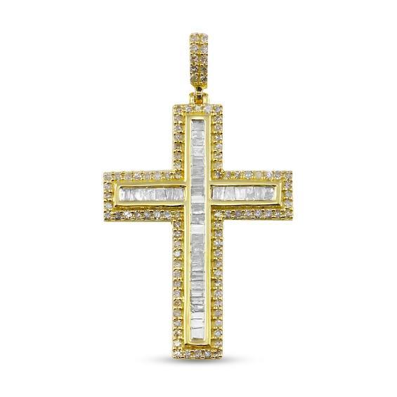 Men's 1/2 CT. T.w. Baguette and Round Diamond Frame Channel-Set Cross Necklace Charm in 10K Gold Product Image