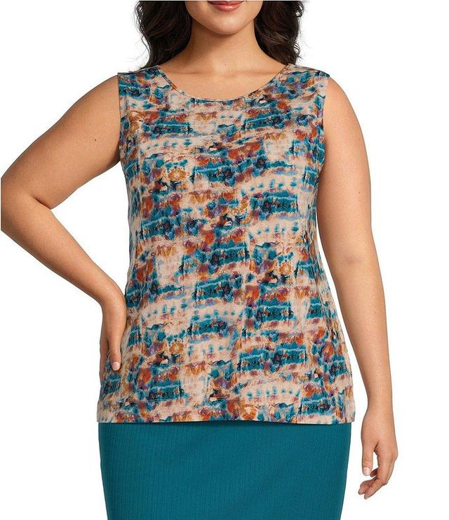 Investments Plus Size Soft Separates Diffused Watercolor Print Reversible Crew to Scoop Neck Sleeveless Tank Top Product Image