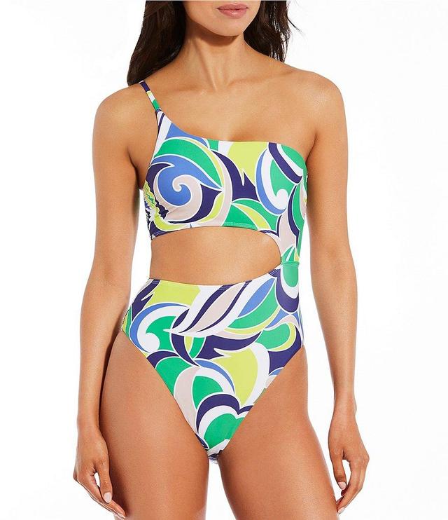 Gianni Bini Scarf Print One Shoulder Cut-Out One Piece Swimsuit Product Image