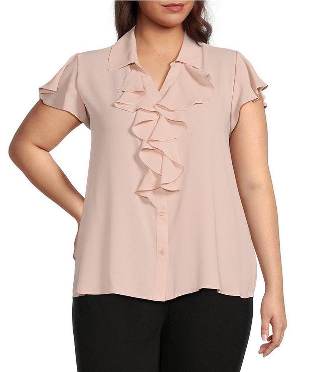 Calvin Klein Plus Size Collared Ruffle Front Cap Sleeve Woven Blouse Product Image