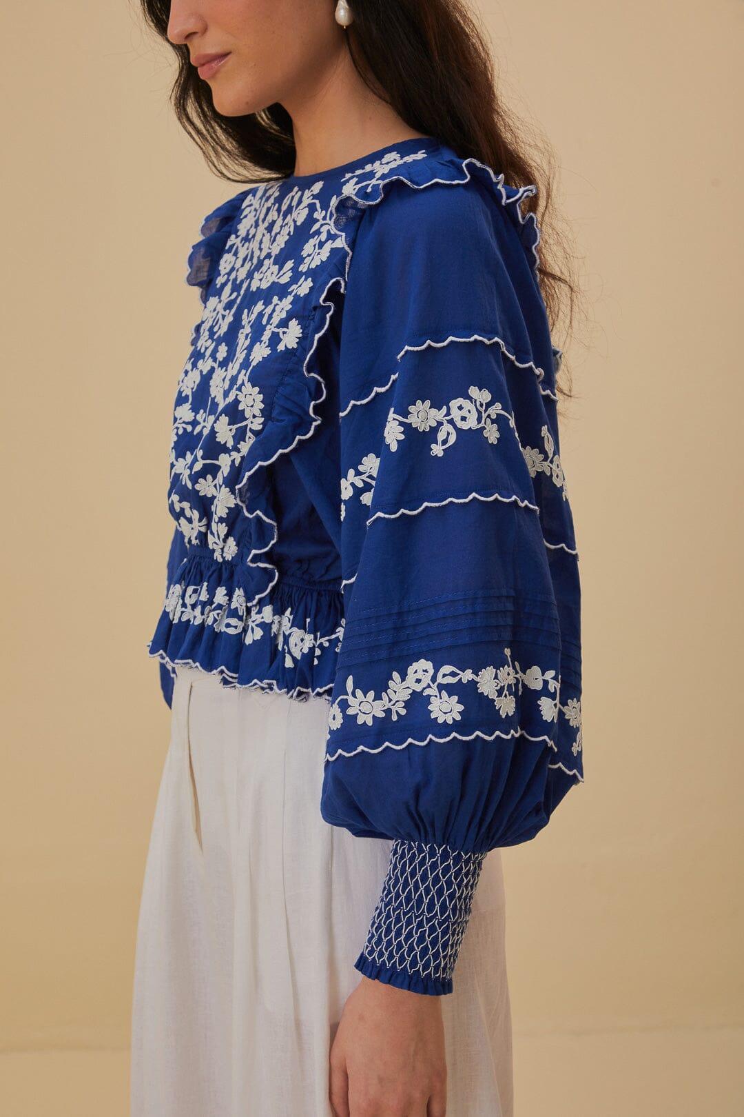 Navy Blue Embroidered Long Sleeve Blouse Product Image