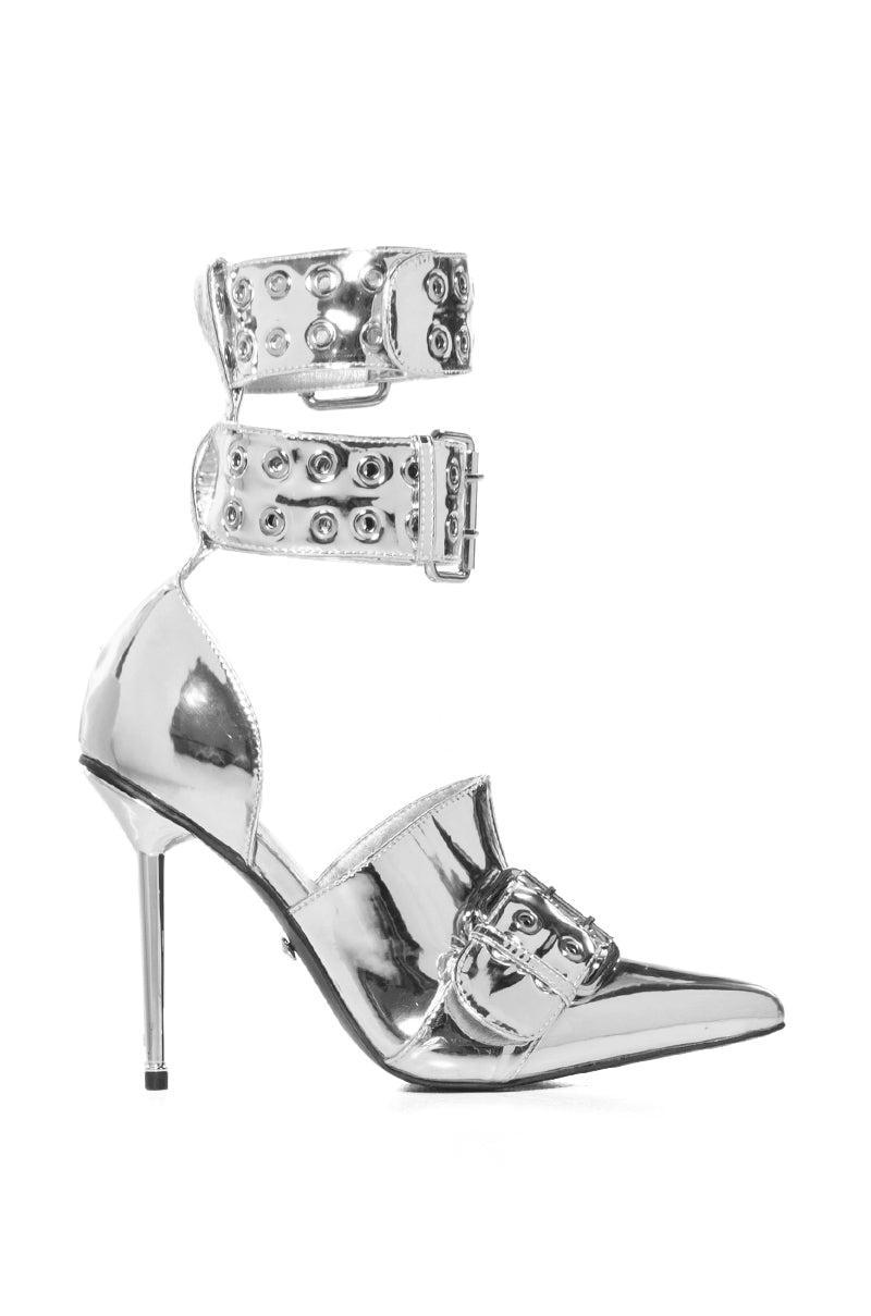 AZALEA WANG CYCLONE METALLIC DOUBLE BUCKLE STRAP PUMP IN SILVER Product Image