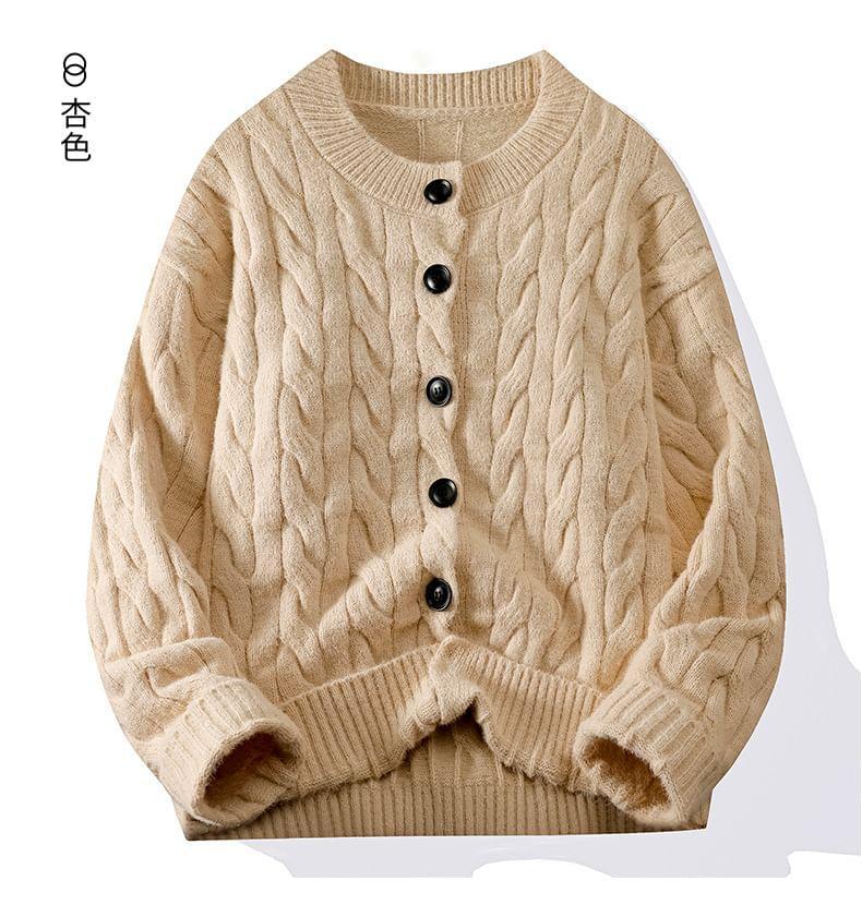 Crew Neck Plain Cable Knit Button-Up Cardigan Product Image