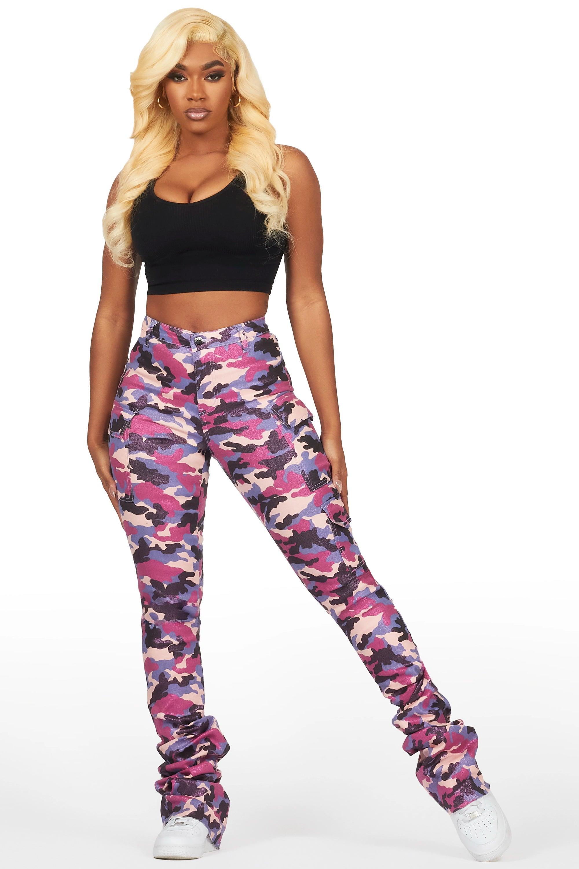 Alaysha Purple Camo Cargo Super Stacked PU Pant Female Product Image