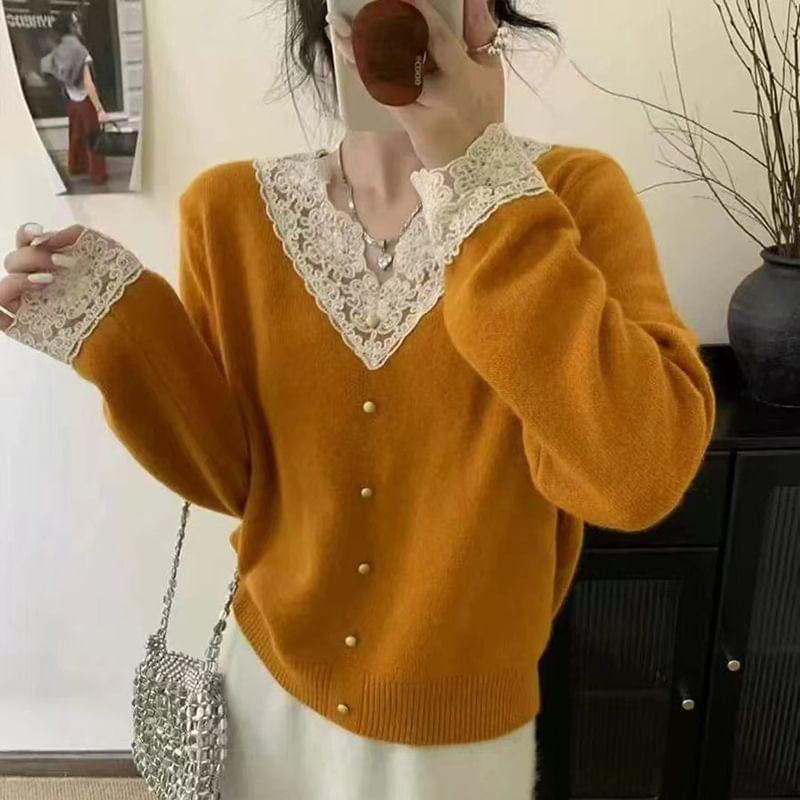 V-Neck Lace Panel Button Accent Sweater product image