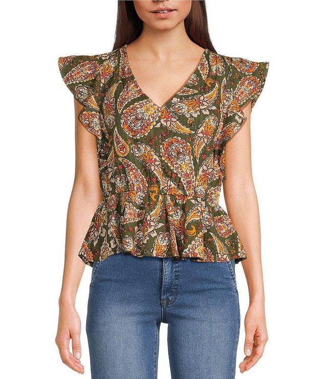 Sam Edelman Binx V-Neck Elastic Waist Flutter Cap Sleeve Blouse Product Image