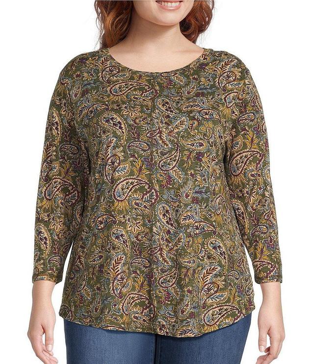 Westbound Plus Size Vibrant Paisley Print 3/4 Sleeve Knit Crew Neck Top Product Image