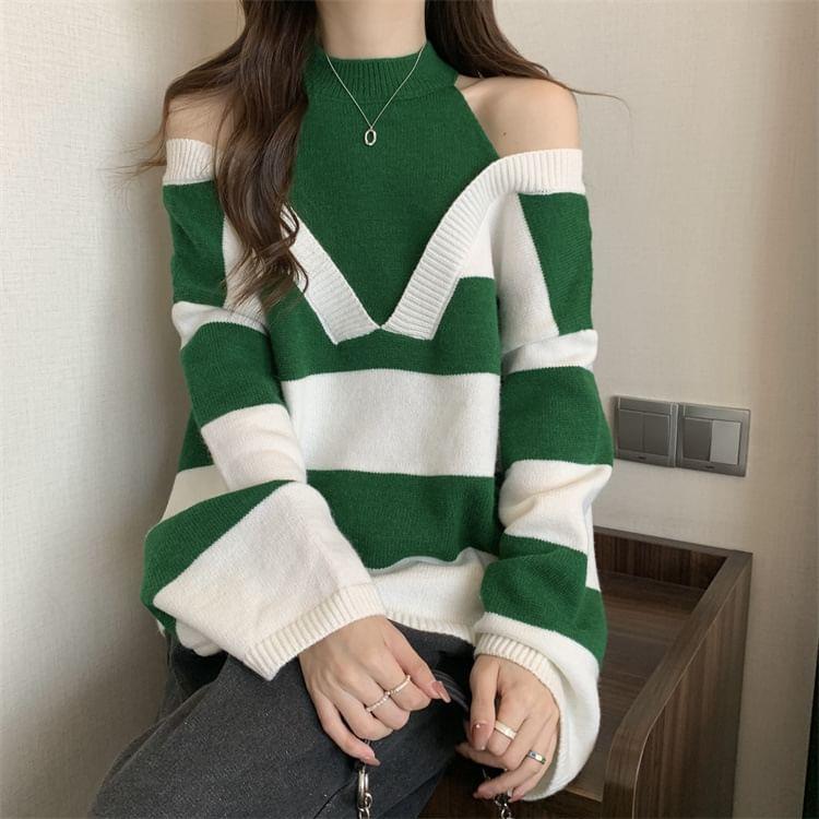 Cold Shoulder Striped Mock Two Piece Oversized Sweater Product Image