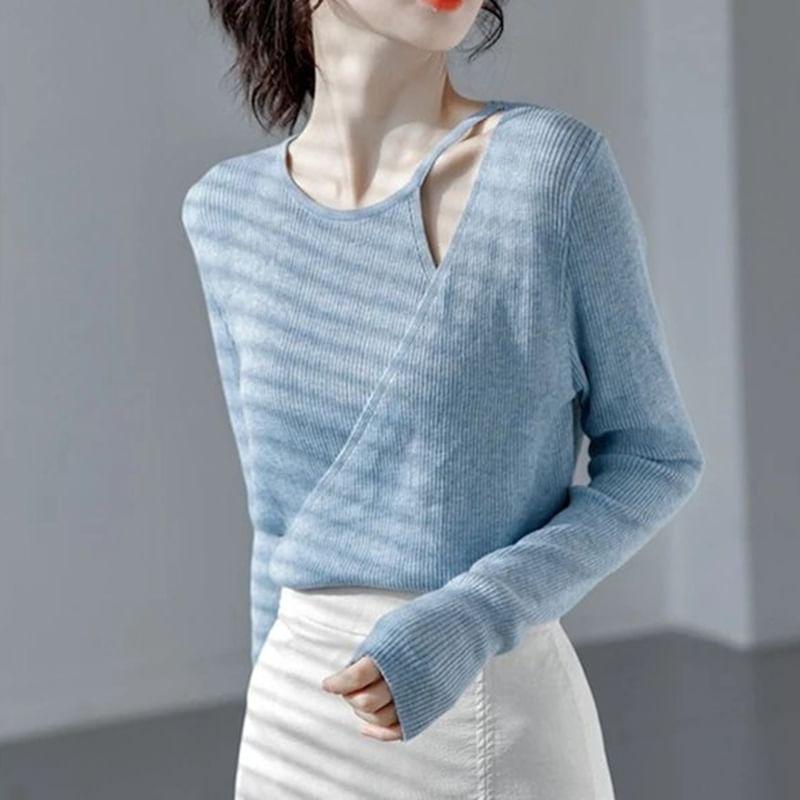 Asymmetrical Neck Plain Ribbed Sweater Product Image