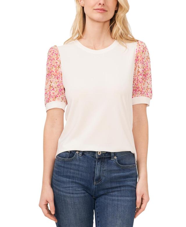 Women's Floral Short Sleeve Mixed Media Crewneck Knit Top Product Image